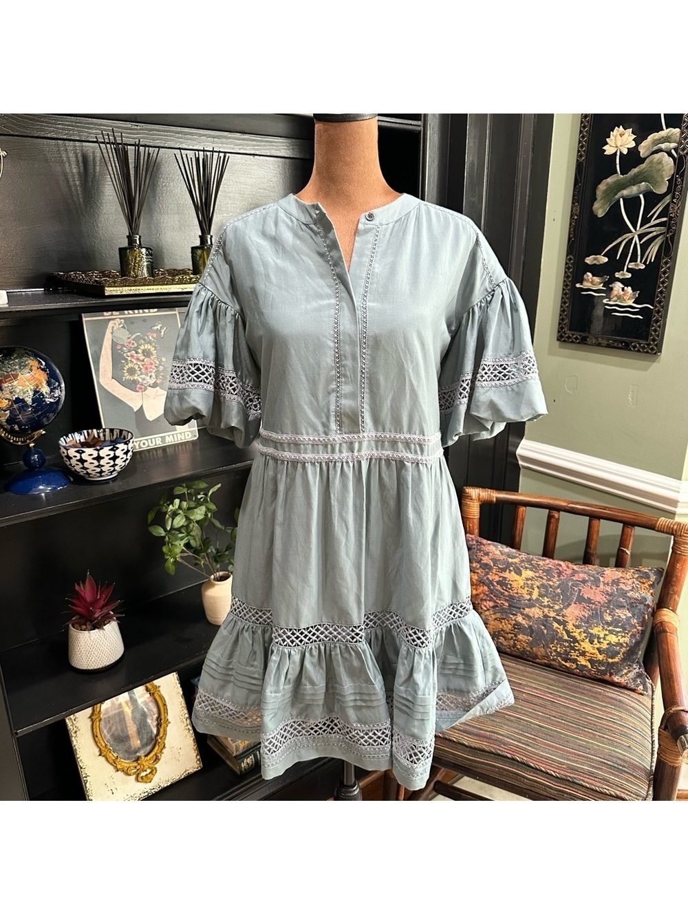Marie Oliver A-Line Dress – XS – Sage Green Cotton-Silk Blend